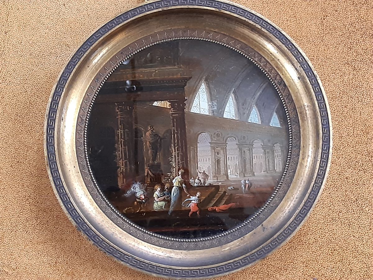 Pair of early 19th century reverse paintings, harbour scene & classical scene